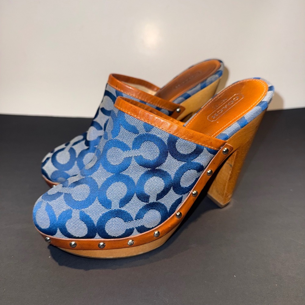 Coach Bacall Studded Mule Clogs Blue Signature C Platform Wood Heels Womens 7.5B